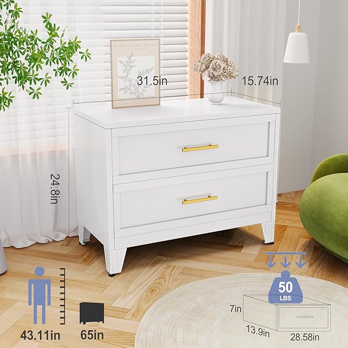 Dresser for Bedroom 2 Drawers, Metal Dresser Chest of Drawers, can be Used as Nightstand, Side Table, Under Desk Steel File Cabinet for Home Office Storage Small Size Files (White)