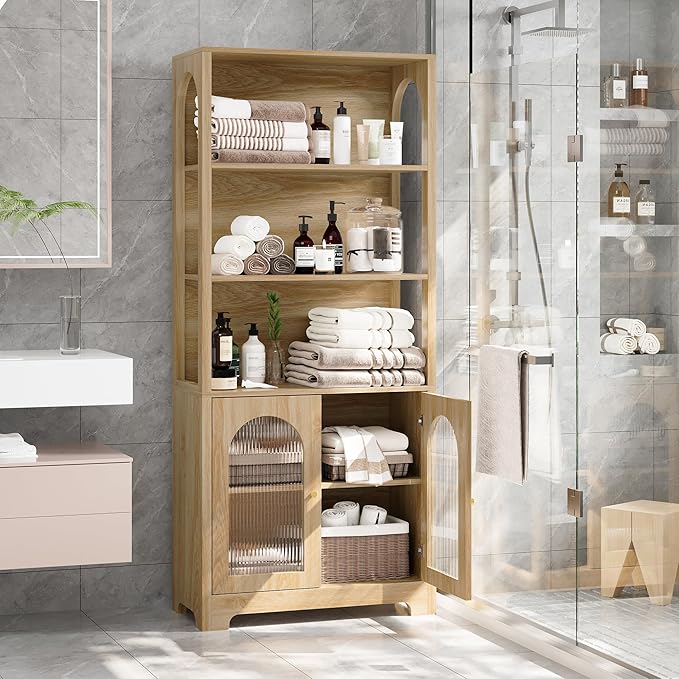 71" Tall Bookshelf with Glass Doors, 5-Tier Bookcase with Storage & Adjustable Shelf, Freestanding Wood Book Shelf Modern Arched Farmhouse Display Cabinet for Living Room, Office (Natural)