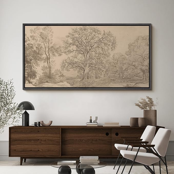 SIGNFORD Extra Large Framed Canvas Vintage Tree Line Pencil Drawing Classic Illustrations Modern Art Calm Warm for Living Room, Bedroom, Office - 60"x30"