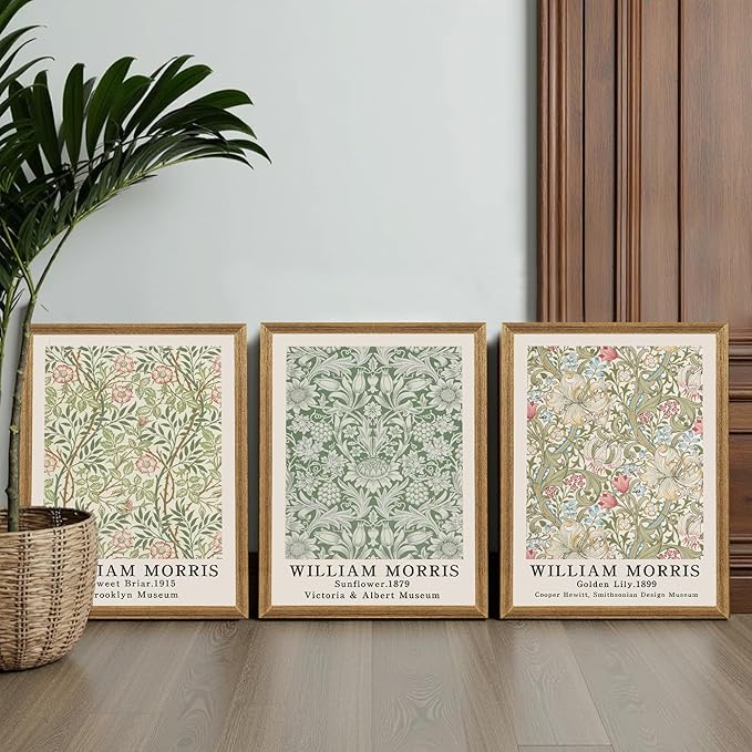SYWENNOI 3 Pieces William Morris Textured Canvas Wall Art, Pink Beige and Sage Green Neutral Botanical Designs Wall Decor, Vintage Floral Art Prints for Living Room Bedroom Offices 12x16 Wood Frames