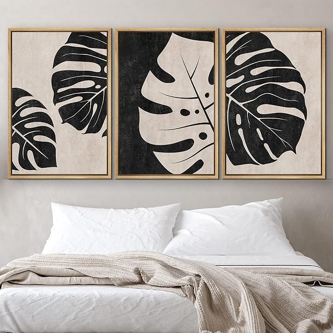 IDEA4WALL Framed Canvas Print Wall Art Set Tan Black Tropical Jungle Safari Monstera Leaves Abstract Shapes Illustrations Modern Art Nordic for Living Room, Bedroom, Office - 16"x24"x3 Natural
