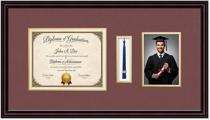 Diploma Tassel and Photo Frame Executive Brown Shadowbox Dark Red Over Gold Mat - Fits 10 x 8 Degree Picture Made in the USA