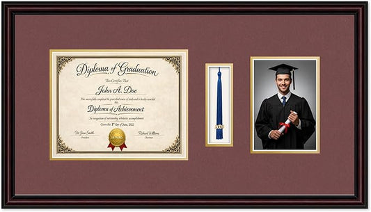 Diploma Tassel and Photo Frame Executive Brown Shadowbox Dark Red Over Gold Mat - Fits 10 x 8 Degree Picture Made in the USA