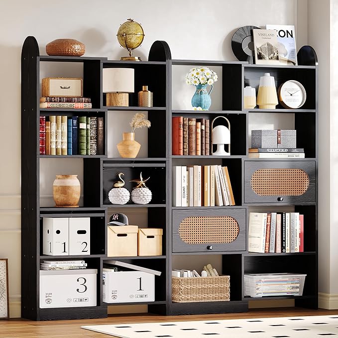 IRONCK Bookshelf and Bookcase with 2 Rattan Design Flip-top Storage Cabinets, 6 Tier 8 Cube Bookcases Storage Shelves Organizer for Living Room, 43.3" Black