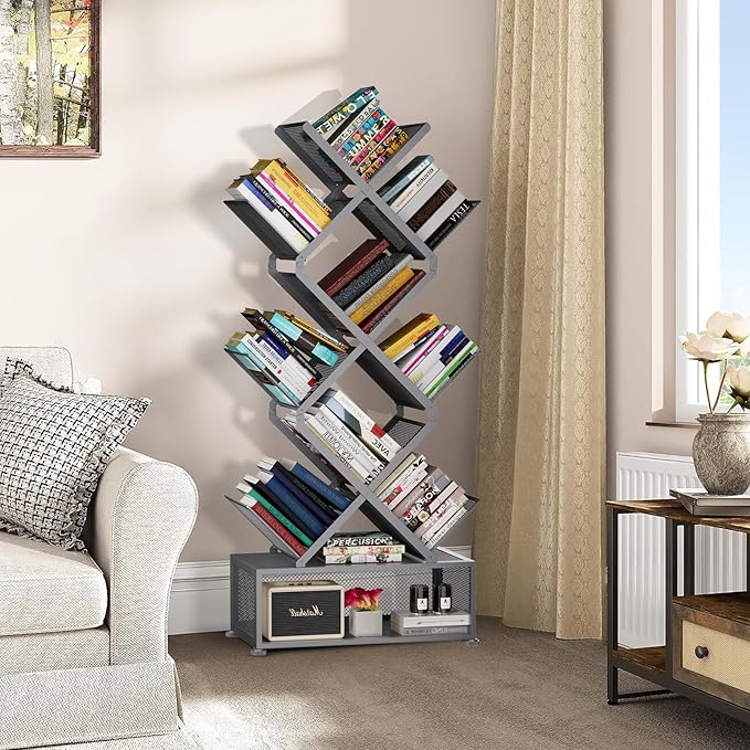 Gintan 9-Tier Modern Book Shelves with Storage, Bedroom Shelves Folding Bookshelves, No Installation Required Shelf Tree Bookcase for Living Room, Study, Home Office, Bed Room (Grey)