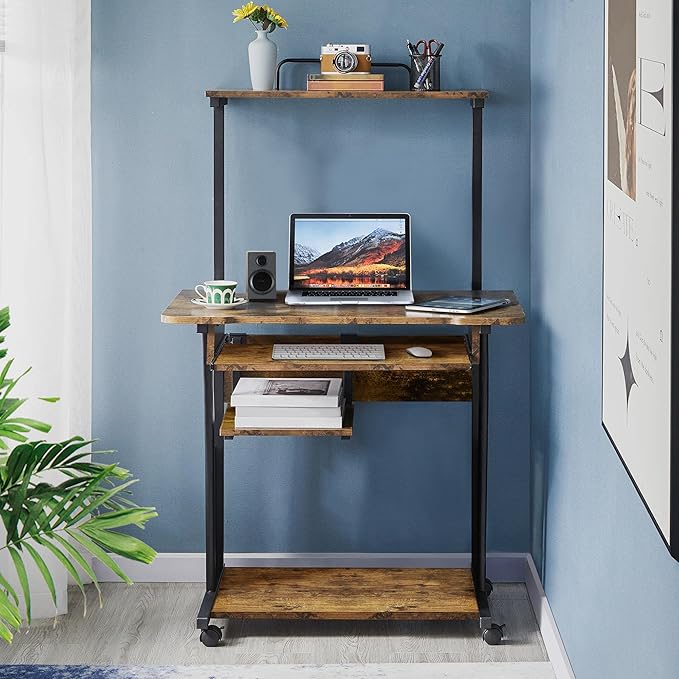 Topeakmart Retro Computer Desk on Wheels Mobile Computer Desk with Printer Shelf and Keyboard Tray, 3 Tiers Home Office Desk with Storage for Small Space, Compact Computer Workstation, Rustic Brown