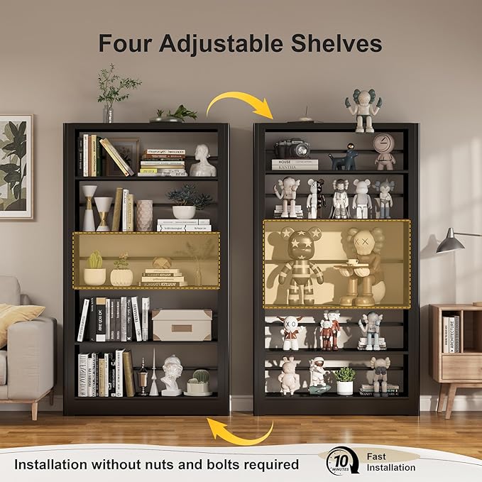 69" Tall Heavy-Duty Bookshelf, 5-Tier Metal Bookshelf with Adjustable Shelves, Open Shelf Bookcase, Tall Bookshelves for Home Office, Library, Bedroom, Including Book Stopper