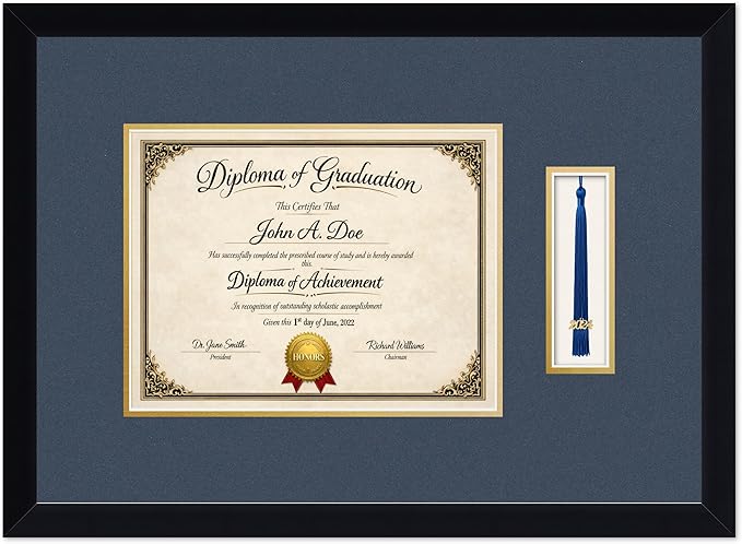 Diploma Frame with Tassel Holder Matte Black Shadowbox Navy Blue Over Gold Mat - Fits 11 x 8.5 Degree Made in the USA