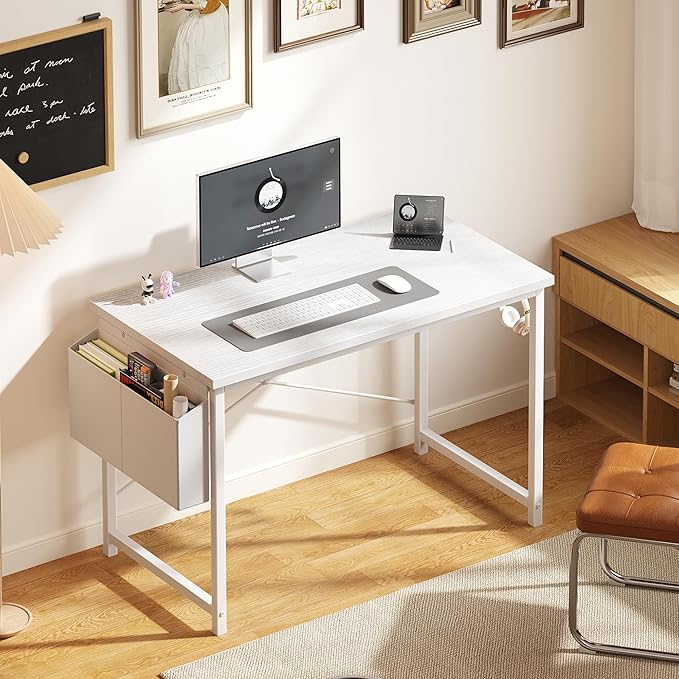 OLIXIS Computer Desk 44 Inch Home Office Desks for Small Spaces, Gaming Writing Study Work Table with Storage Bag and Headphone Hook for Bedroom, White