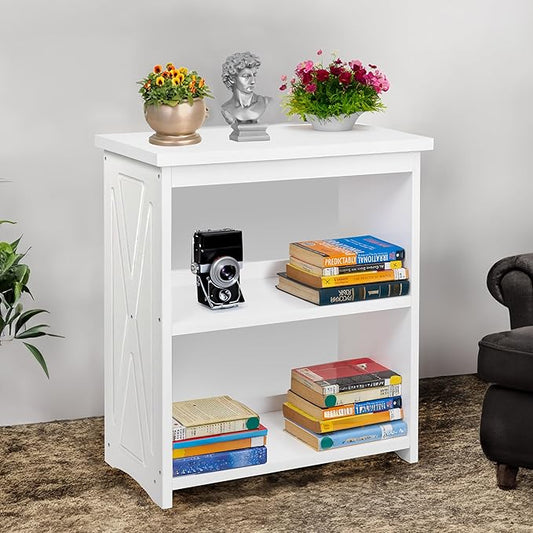 Natural Wood Bookshelf, 3 Tier Bookcase, Freestanding Display Storage Shelves Open Bookshelf for Bedroom, Living Room and Office (White, Table with Back)