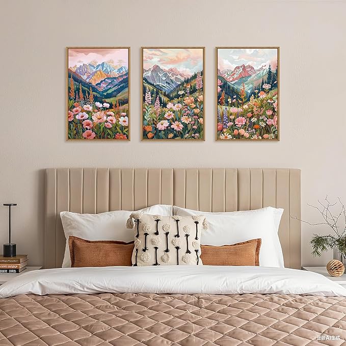 Aryroi Boho Vibrant Spring Mountain Wildflower Framed Canvas Wall Art Set,Colorful Natural Flower Forest Wall Decor,Modern Pink Floral Botanical Landscape Artwork for Living Room,Office,Farmhouse- 24"x36"x3