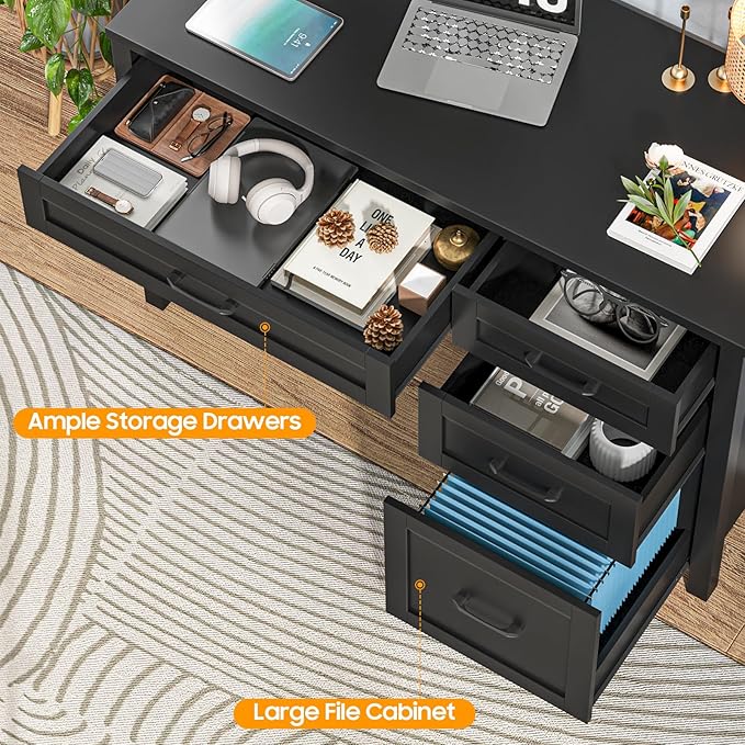 Farmhouse 47" Executive Desk, Computer Desk with File Drawer and Charging Station, Workstation for Home Office, Study.（Pure Black）