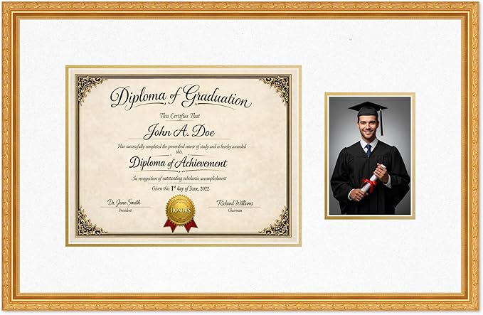 Diploma Frame With Photo Opening Museum Gold Oyster Shell Over Gold Mat - Fits 13 x 10 Degree and Picture Made in the USA
