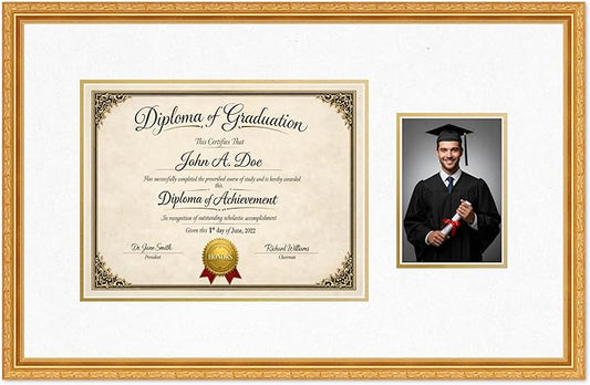 Diploma Frame With Photo Opening Museum Gold Oyster Shell Over Gold Mat - Fits 13 x 10 Degree and Picture Made in the USA