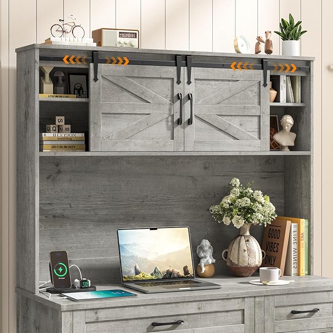 Farmhouse 67" H Executive Desk with Hutch,Computer Desk with Charging Station,Office Table with LED Light and 4 Drawers,File Drawers and Storage Cabinet,Workstation for Home Office.Grey