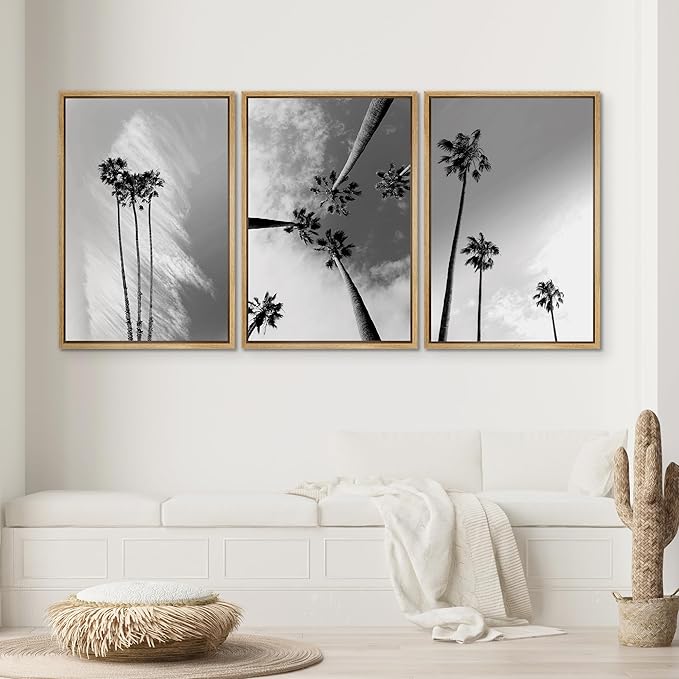 SIGNWIN 3 Piece Framed Canvas Wall Art Black and White Palm Tree Canvas Prints Home Artwork Decoration for Living Room,Bedroom - 24"x36"x3 Natural