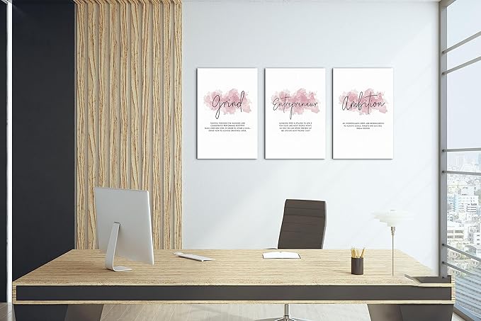 SHMAO Pink Office Canvas Wall Art Motivational Wall Decor, 3 Piece Grind Entrepreneur Ambition Pictures for Office Wall Decor Women Inspirational Framed Artwork Home Office Decor 12”x18”x3 Panels