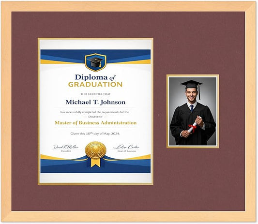 Diploma Frame With Photo Opening Natural Wood Dark Red Over Gold Mat - Fits 11 x 14 Degree and Picture Made in the USA