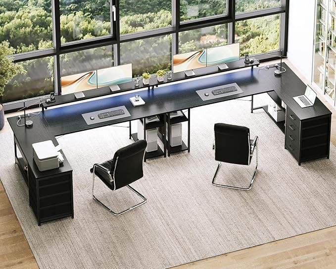 AODK 61" L Shaped Desk with Drawer, Computer Desk with Power Outlets & LED Lights, Reversible Corner Gaming Desk for Home Office Workstation, Office Desk with Monitor Shelf, Pure Black