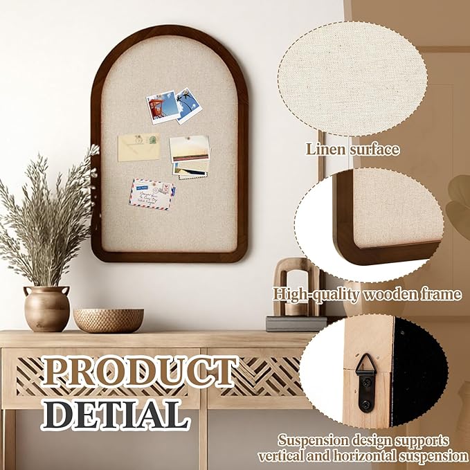 Vintage Framed Pin Board Linen Display Bulletin Board Large Cork Fabric Picture Photo Pinboard Memo Ornate Decorative Pinboard Ornate for Wall Gift(Arch,20'' X 30'',Farmhouse Brow)