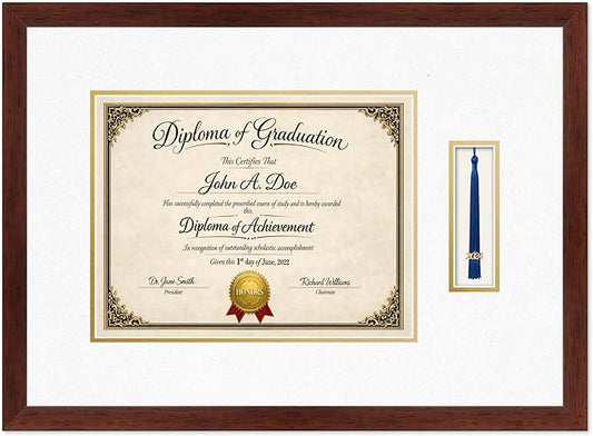 Diploma Frame with Tassel Holder Rustic Walnut Shadowbox Oyster Shell Over Gold Mat - Fits 13 x 10 Degree Made in the USA