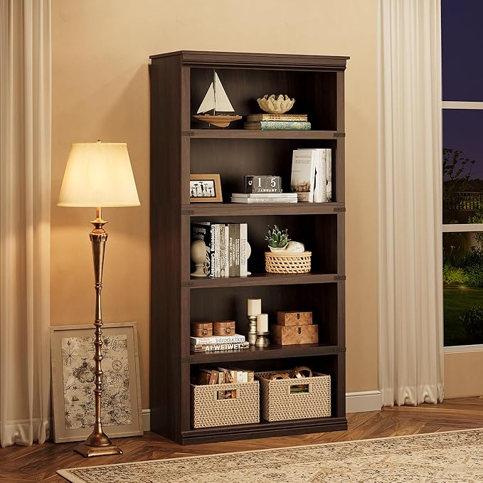 GAOMON 5 Tier Bookcase, Farmhouse Book Shelf with Storage Open Display Bookshelves, 67.4" Tall Book Case Wooden 5 Shelf Bookcase Home Decor Furniture for Home Office, Living Room, Bed Room - Cherry