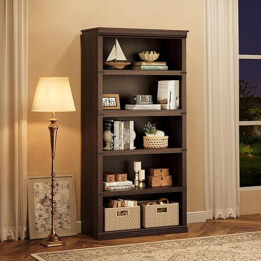 GAOMON 5 Tier Bookcase, Farmhouse Book Shelf with Storage Open Display Bookshelves, 67.4" Tall Book Case Wooden 5 Shelf Bookcase Home Decor Furniture for Home Office, Living Room, Bed Room - Cherry