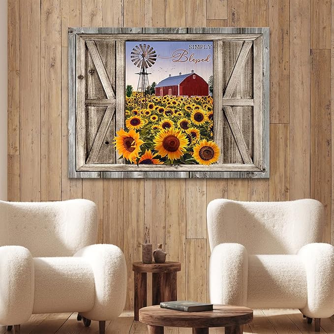 Parylore Sunflower Wall Art Canvas Print Rustic Wall Decor Sunflower Field Red Barn And Windmill Painting Framed Modern Artwork for Living Room Bedroom Bathroom Office Home Decor 16x20 In