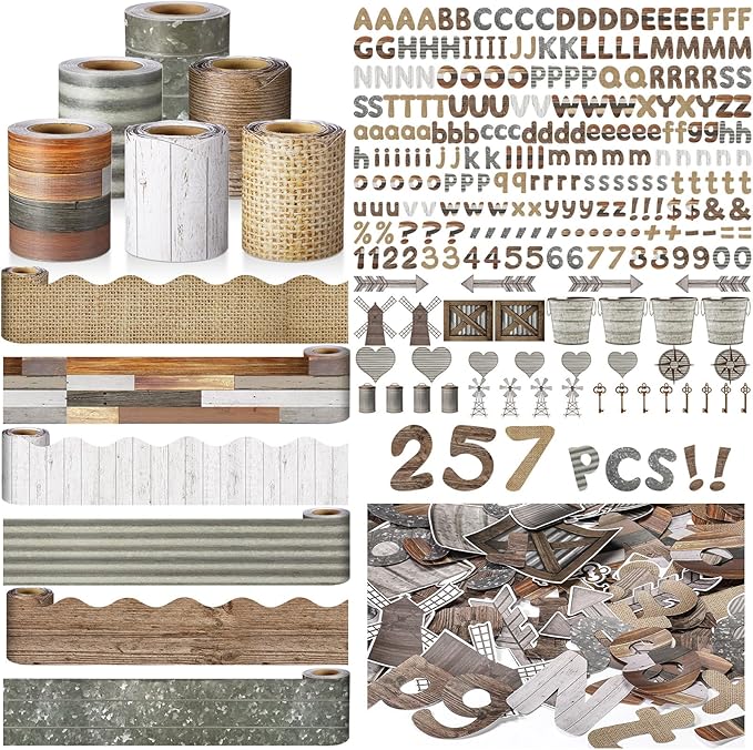 Kosiz Farmhouse Bulletin Board Decoration Set 118 ft Scalloped Bulletin Board Borders Classroom Poster Border Trim with 257 Pcs Letter Number Symbol Cutout for School Decor