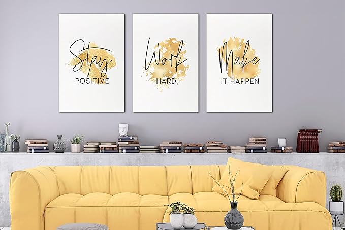 3 Piece Canvas Wall Art, Gold Motivational Quotes Canvas Print Pictures, Inspirational Framed Artwork - Home Office Decor, 20"x30" x 3 Pcs
