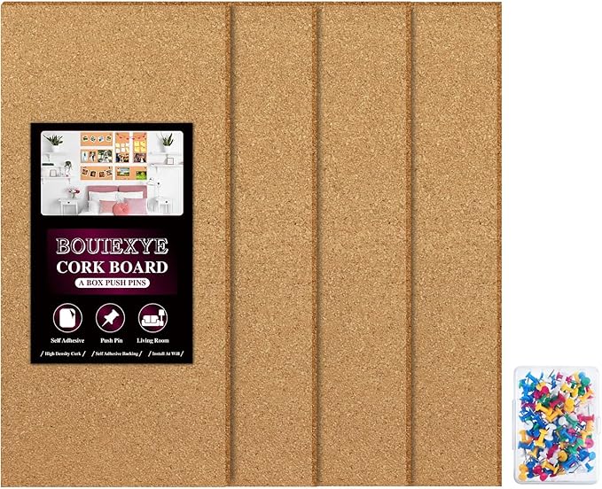 Cork Board 17 X 8 inch Self Adhesive Corkboards for Wall School Home Office 4 Pack Bulletin Boards with 100 Push Pins