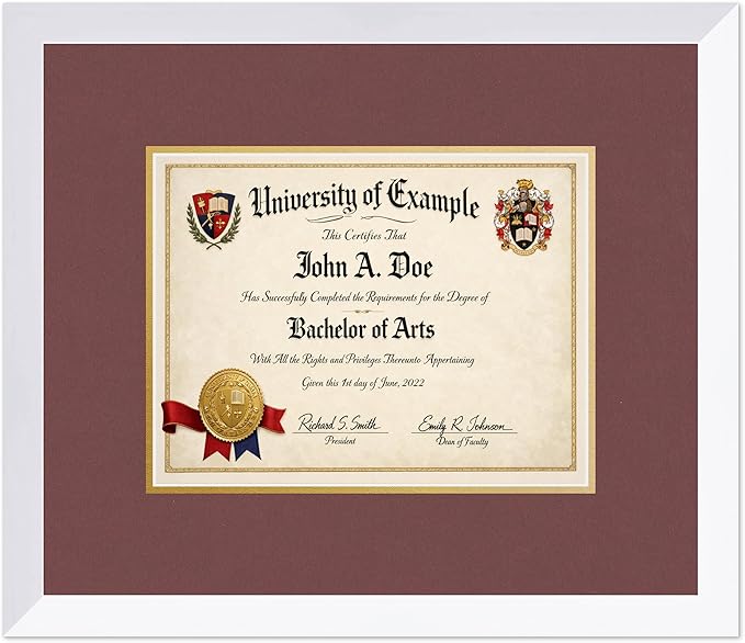 CountryArtHouse Diploma Frame Fits 11 x 8.5 US Letter Certificate - Keepsake Graduation Display Bright White Genuine Hardwood with Dark Red Over Metallic Gold Double mat