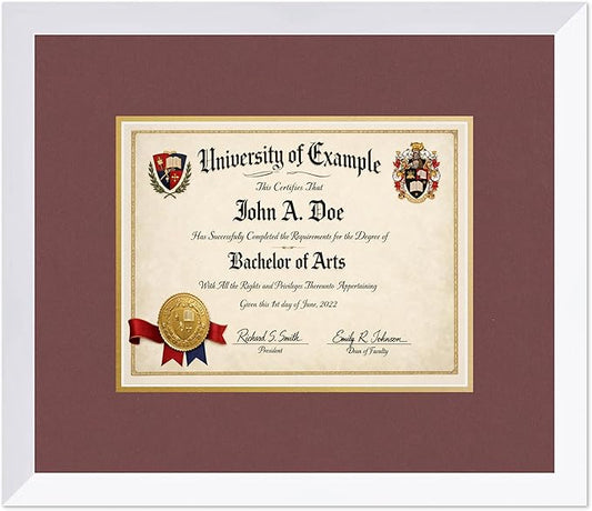 CountryArtHouse Diploma Frame Fits 11 x 8.5 US Letter Certificate - Keepsake Graduation Display Bright White Genuine Hardwood with Dark Red Over Metallic Gold Double mat