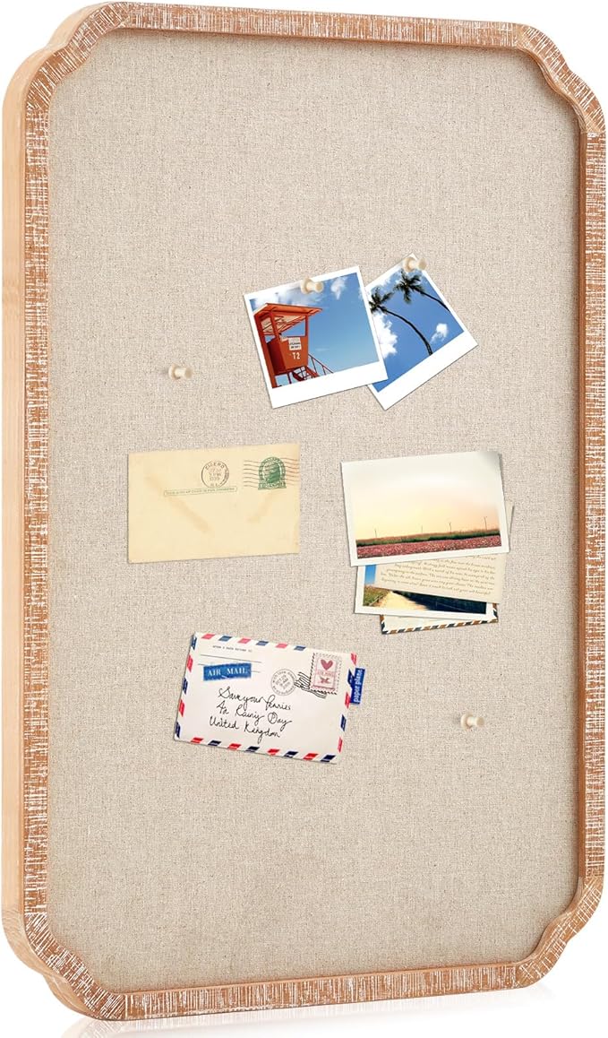 Vintage Framed Pin Board Linen Display Bulletin Board Large Cork Fabric Picture Photo Pinboard Memo Ornate Decorative Pinboard Ornate for Wall Gift(Scalloped,20'' X 30'',Light Brown)