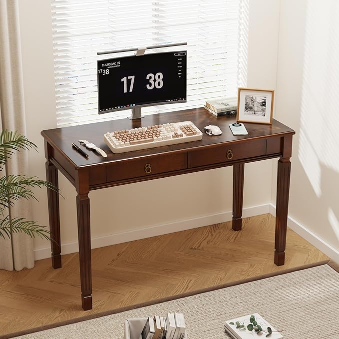 Computer Writing Desk with 2 Storage Drawers, 46"W French Provincial Corner Desk Table with Carved Legs, Solid Wood Large Vanity Dressing Desk, Home Office Table,Easy Assembly, Dark Cherry BSZ-D1258