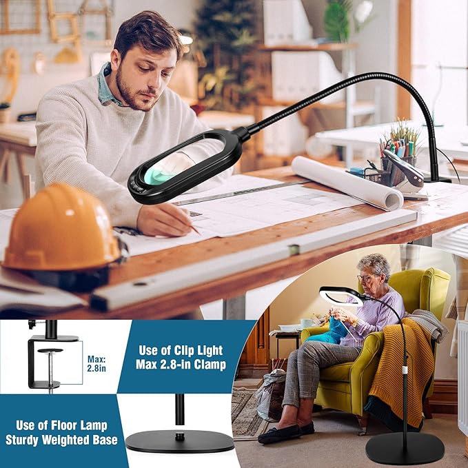 Large Magnifying Glass with Light and Stand, 10X Rectangle Optical Real Glass Lens, Height Adjustable Gooseneck Magnifier Floor Lamp, 5 Color Modes LED Dimmable Lighted Hands Free for Close Work Craft