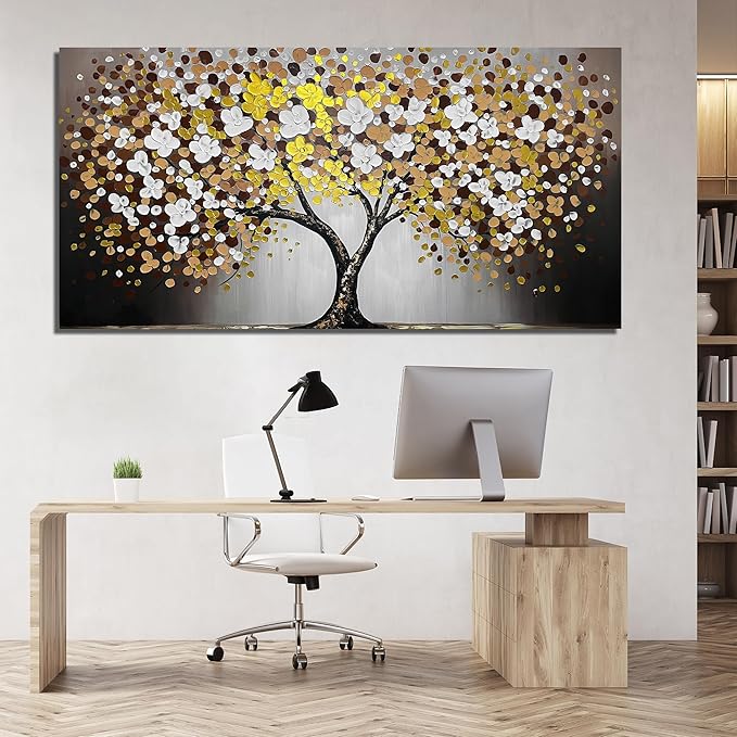 Tree Painting for Living Room for White and Gold Wall Art for Dining Room Extra Large Home Office Decor 47 x 95 Inch