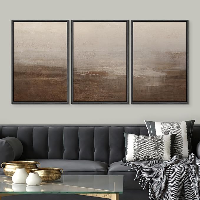 SIGNWIN Framed Canvas Print Wall Art Abstract Hazy Landscape Modern Minimalist Beige and Brown Nature Wilderness Modern Art Cool for Living Room, Bedroom, Office - 16"x24"x3 Black