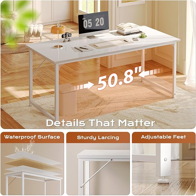 PRAISUN 55 X 24 Inch Computer Desk with Deeper Desktop, Gaming Office Writing Work Desk for Home Office, Study, Bedroom, Work from Home, Metal Frame, White