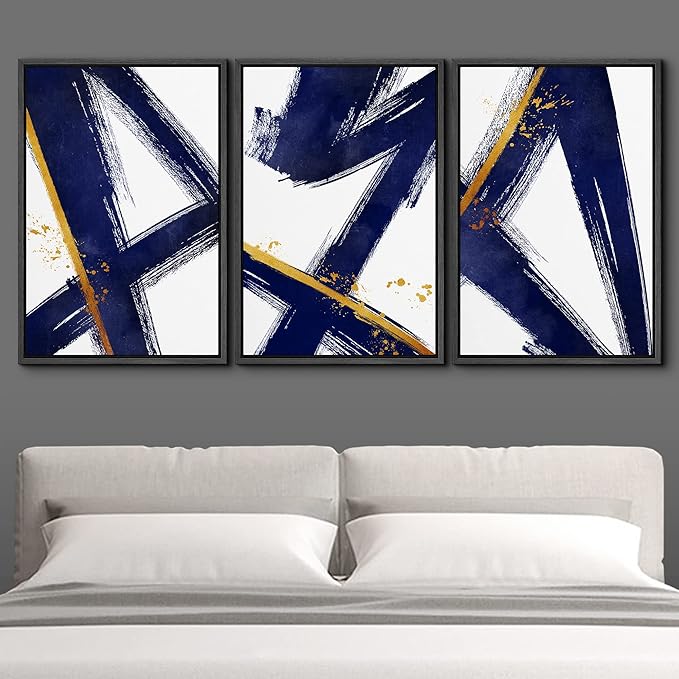 IDEA4WALL Framed Canvas Print Wall Art Set Blue Gold Geometric Graffiti Paint Stripes Abstract Shapes Illustrations Modern Art Contemporary for Living Room, Bedroom, Office - 16"x24"x3 Black