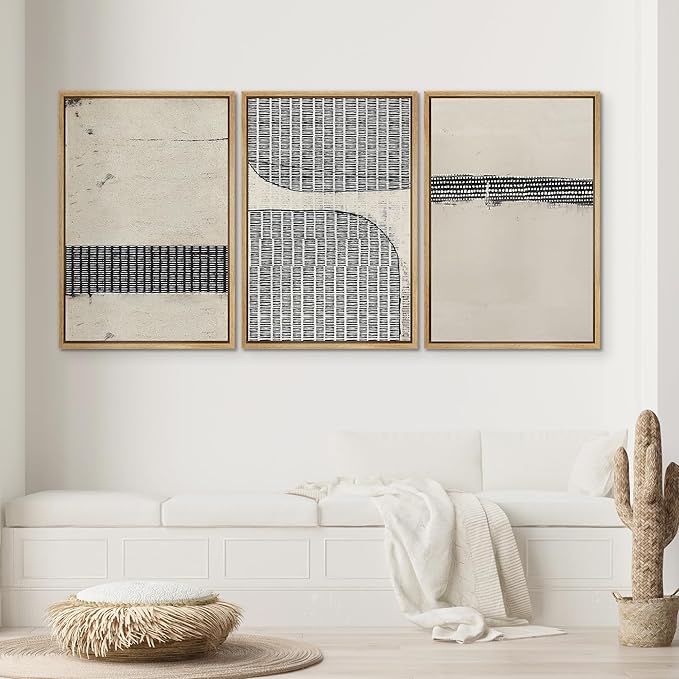 SIGNWIN Framed Canvas Print Wall Art Set Black Tan Grunge Grid Pattern Abstract Shapes Cozy Neutral Modern Art Decorative Contemporary Minimal for Living Room, Bedroom, Office - 24"x36"x3 Natural