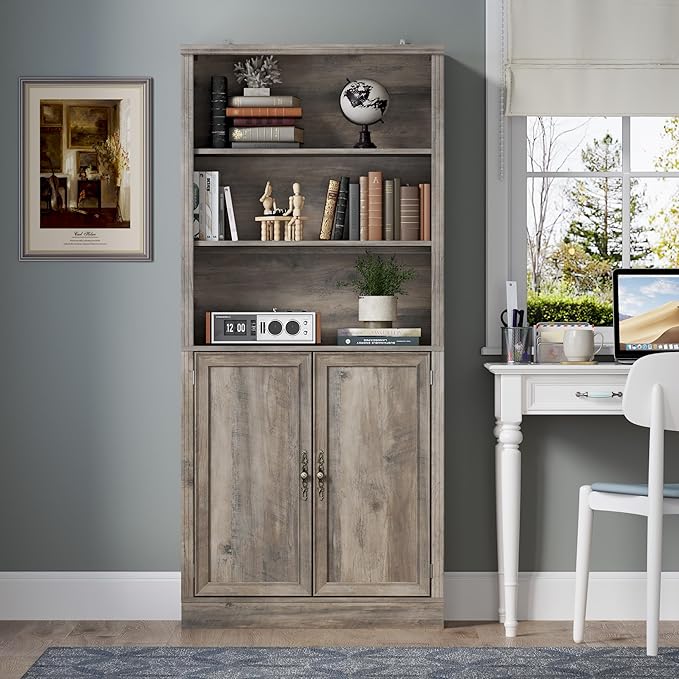 70.1" Tall Bookshelf with Cabinet, 5-Tier Floor Standing Bookcase with Doors & Adjustable Shelves, 31.5" Wide Storage Shelf, Metal Handles, Modern Organizer for Home Office, Living Room