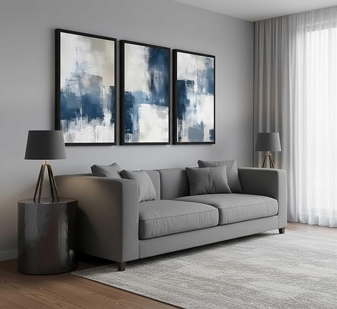 3 Pcs Navy Blue Abstract Canvas Wall Art Modern Minimalist Neutral Blue and Grey Paintings Pictures Wall Decor Poster Print Artwork for Living Room Bedroom Office Home Decoration Unframed