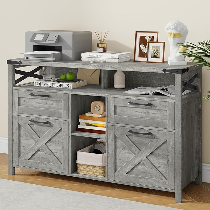 Vabches Farmhouse Filing Cabinet with Adjustable Shelf for Home Office, Lateral File Cabinets 4 Drawers with Open Storage Shelf, Filing Organization Storage Cabinets for Hanging Files Letter/A4.Grey