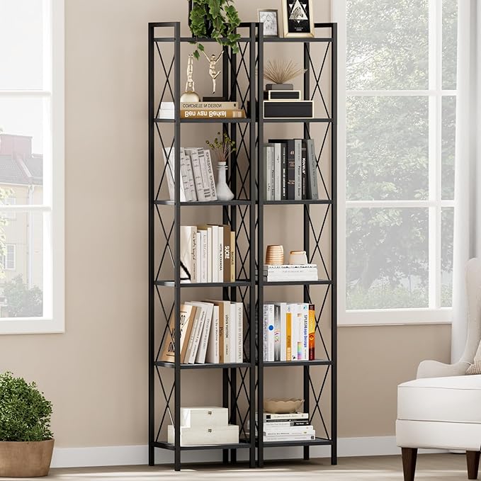 Homhedy 6 Tier Bookshelf, Tall Narrow Bookcase for Small Space, Metal Storage Book Shelf, for Home Office, Living Room, Kitchen, Bedroom, Industrial Style, 10.4" D x 13" W x 67.4" H, Black