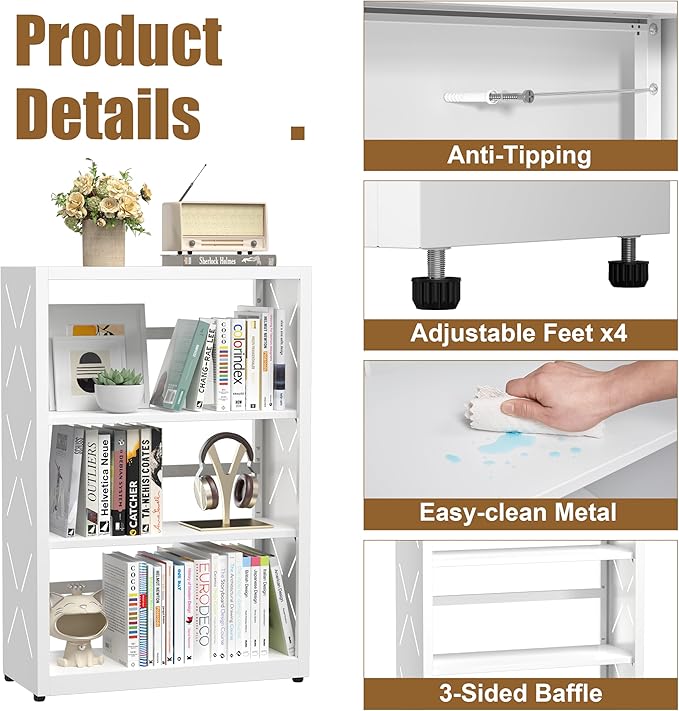 3 Tier Bookshelf, 34"Tall Metal Bookcase with Adjustable Shelves, Modern Display Book Shelf, White Bookcase Shelf, Utility Shelf, Storage Shelves for Office, Living Room, Kitchen, Study-23"W