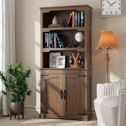 Tall Bookcase, 70 inch Height, 5-Tier Open Storage Shelf, 31.5 in Wide Standing Bookshelves for Home, Office, Bedroom, School, Library, 31.5W * 11.81D *70H (Walnut, Wooden Door)