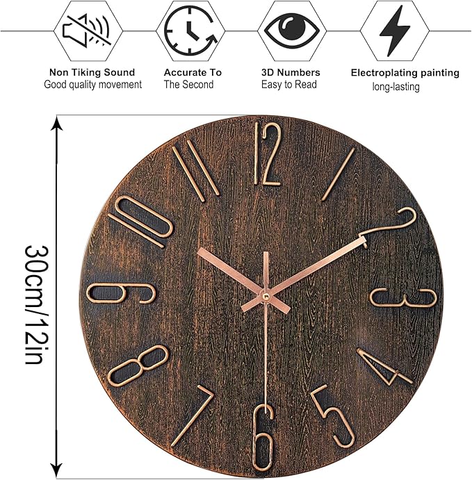 AIRUIFU Wall Clock 12 Inch Non-Ticking Silent Battery Operated Round Wall Clock Modern Simple Style Decor Clock for Home/Office/School/Kitchen/Bedroom/Living Room (Brown)