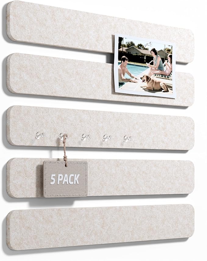 Fluxynara Cork Board Alternative Felt Strip Board 5-Pack 13"x2", Office Pin Board with 35 Push Pins, Adhesive Install for Bedroom Door & Home Office(Oatmeal)