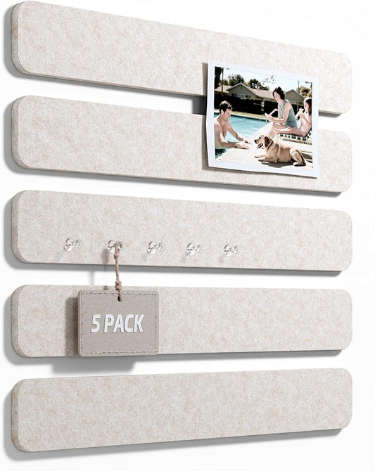 Fluxynara Cork Board Alternative Felt Strip Board 5-Pack 13"x2", Office Pin Board with 35 Push Pins, Adhesive Install for Bedroom Door & Home Office(Oatmeal)